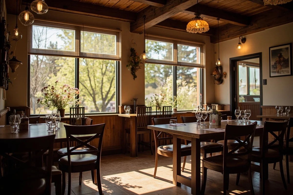 Cozy interior of Montana restaurant with spring light through windows