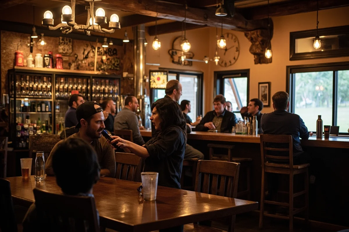 Cozy Montana brewpub interior with locals gathered around bar