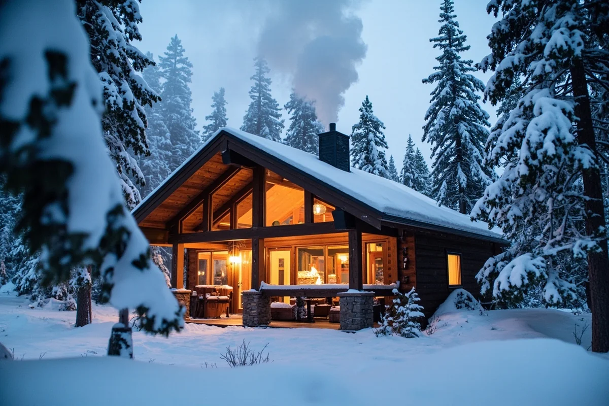 Cozy Montana cabin in winter with smoke rising from chimney, snow-covered landscape