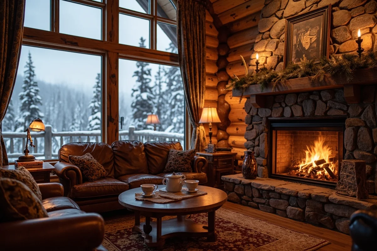 Cozy Montana lodge interior with fireplace, snowy view through windows, and hot drinks
