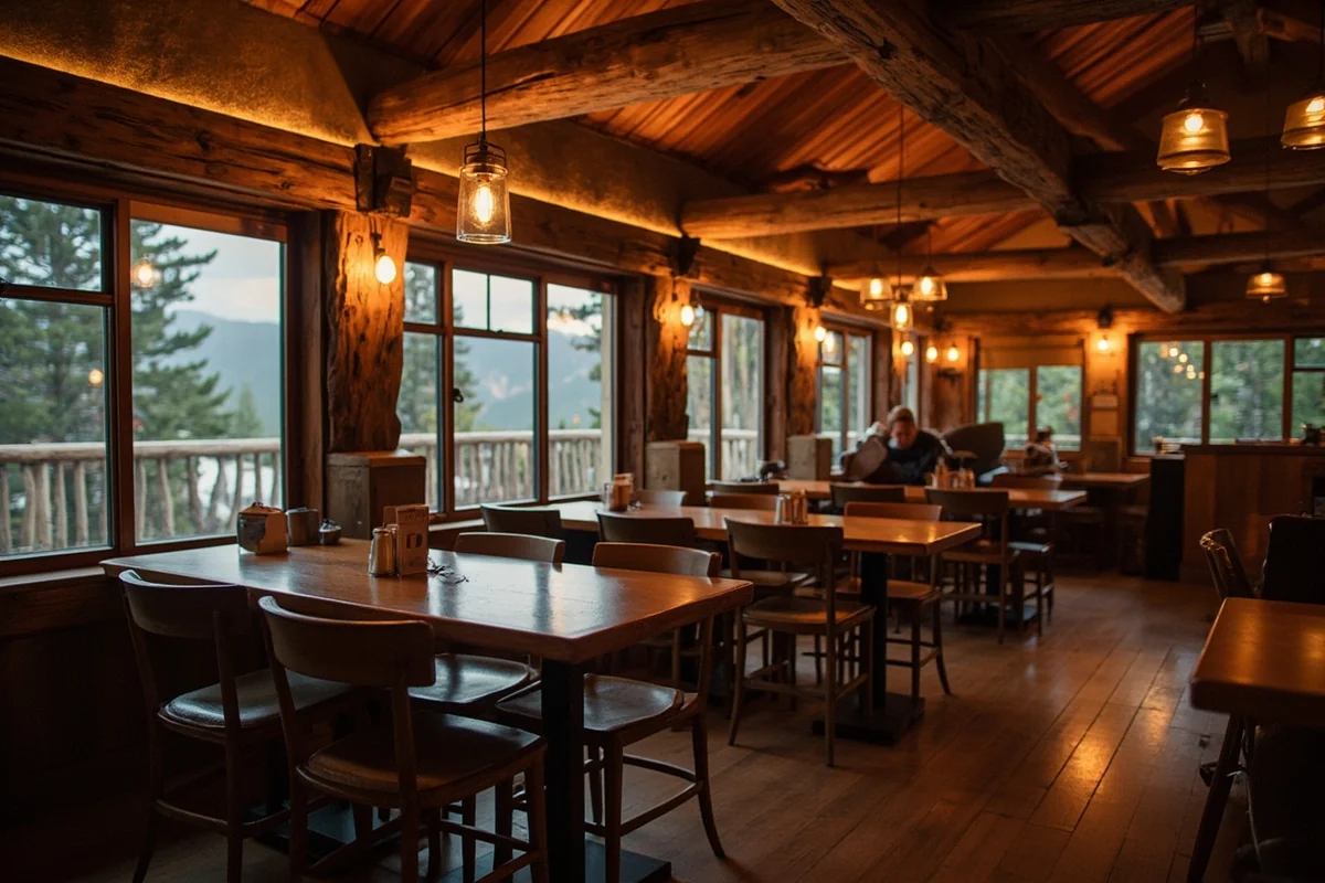 Cozy restaurant interior with mountain lodge décor and intimate lighting