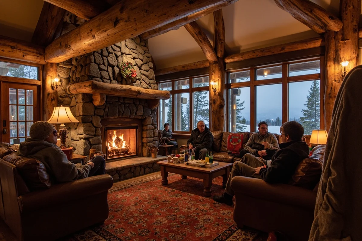 Cozy ski lodge interior at a Montana resort with fireplace, skiers relaxing with food and drinks
