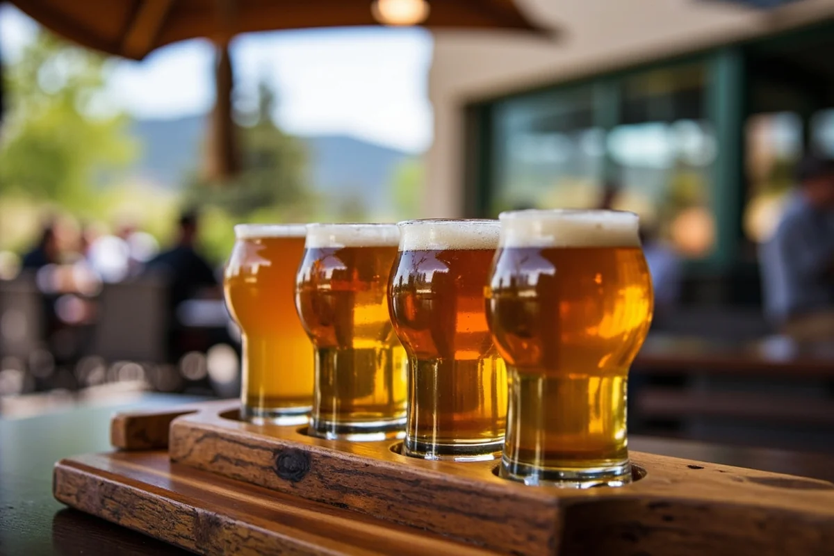 Craft beer flight at a Montana brewery with outdoor seating area visible