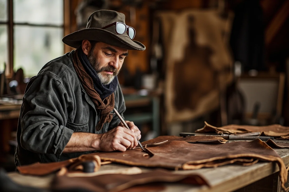 Craftsman working on bison leather goods in Montana workshop, tools and hides visible