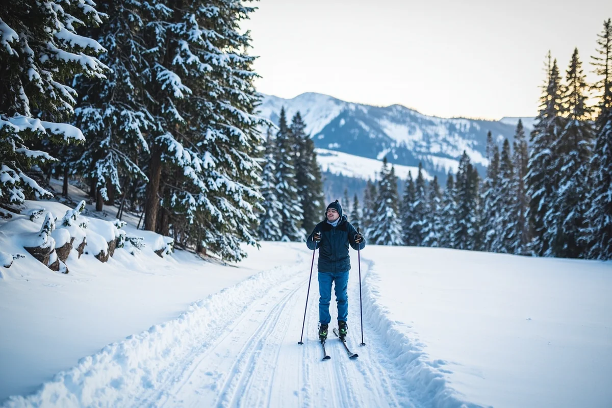 Cross-country skier on snowy trail with forest and mountain backdrop near Bozeman
