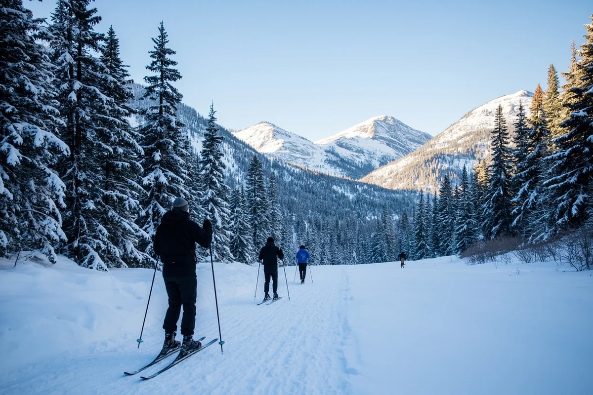 Cross-country skiers on groomed trail with snow-covered evergreen trees and mountain backdrop
