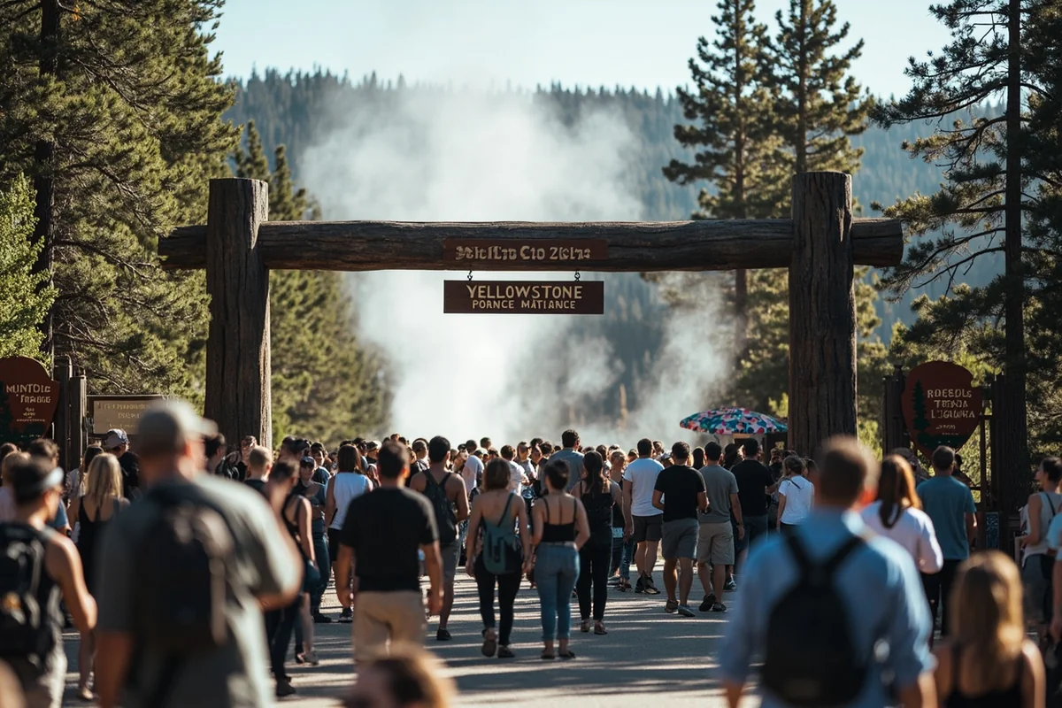 Crowded entrance gate at Yellowstone National Park during peak summer season