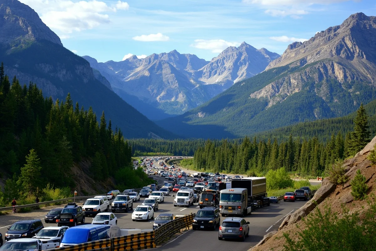 Crowded Going-to-the-Sun Road in Glacier National Park during summer holiday weekend with cars lined up at scenic overlook