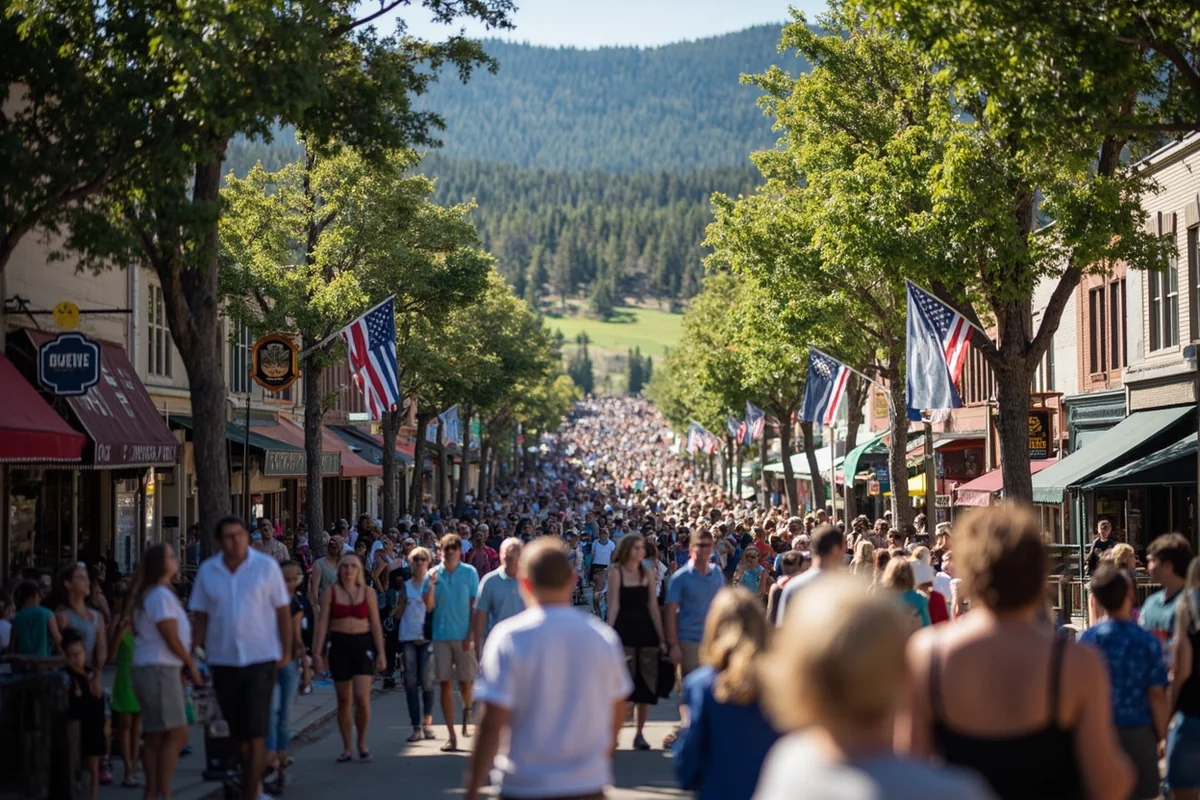 Crowded Main Street in West Yellowstone during peak summer season