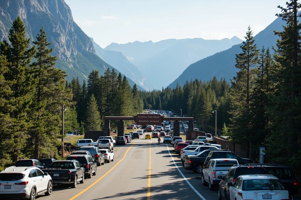 Crowded parking lot at Glacier National Park entrance during peak summer season