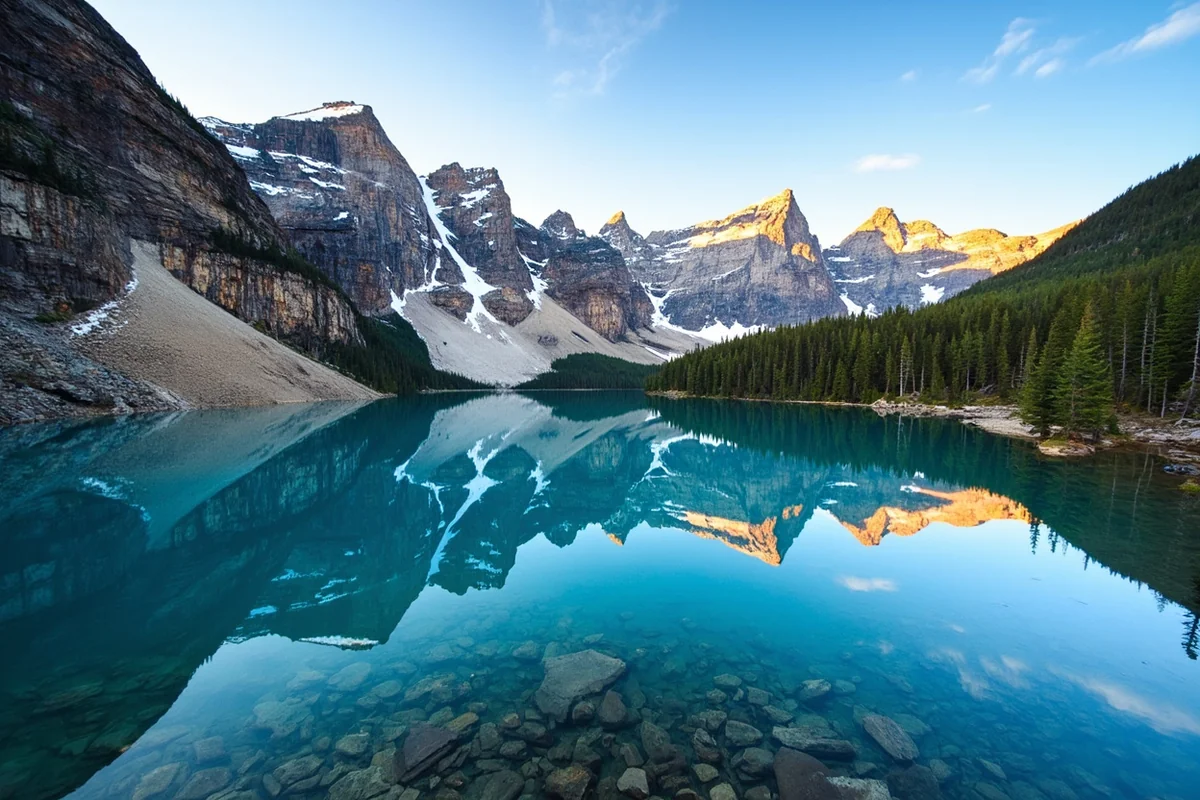 Crystal-clear alpine lake in Jewel Basin with rocky peaks reflected in still water