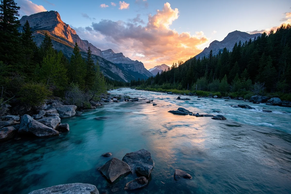 Crystal-clear Gallatin River with forested mountains in background during golden hour