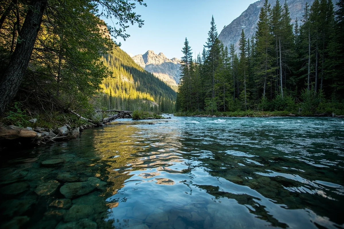 Crystal clear Montana river with forested banks - prime black fly habitat