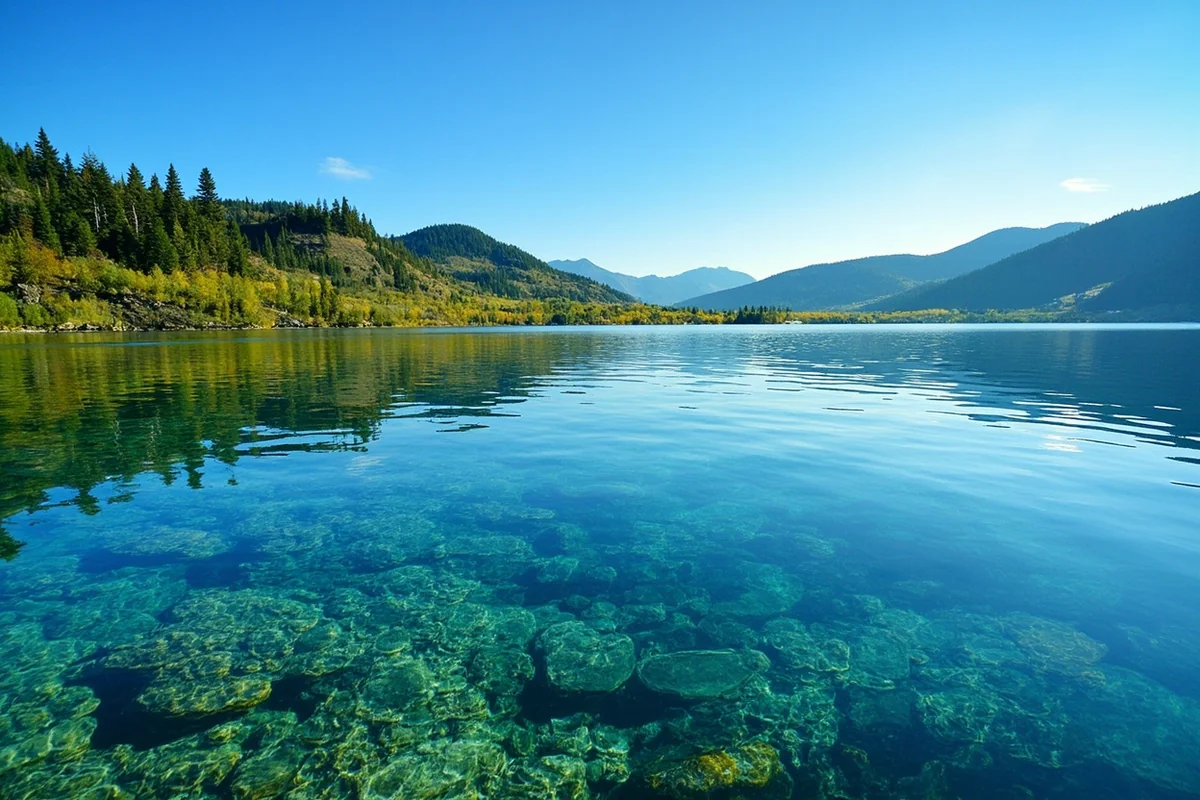Crystal clear waters of Flathead Lake with cherry orchards visible on shoreline