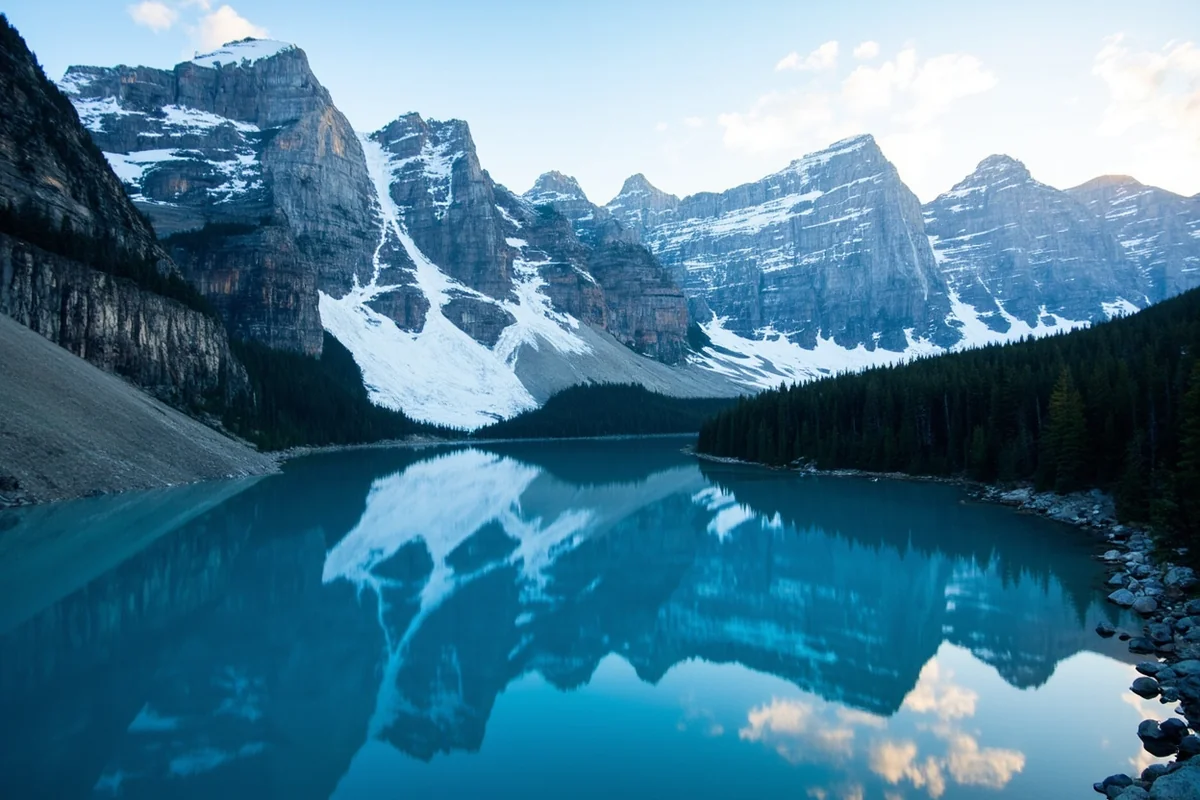 Crystal Lake reflecting Big Snowy Mountains with forested shoreline