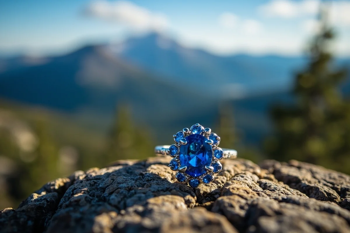 Custom jewelry piece featuring a Montana sapphire with mountain scenery backdrop