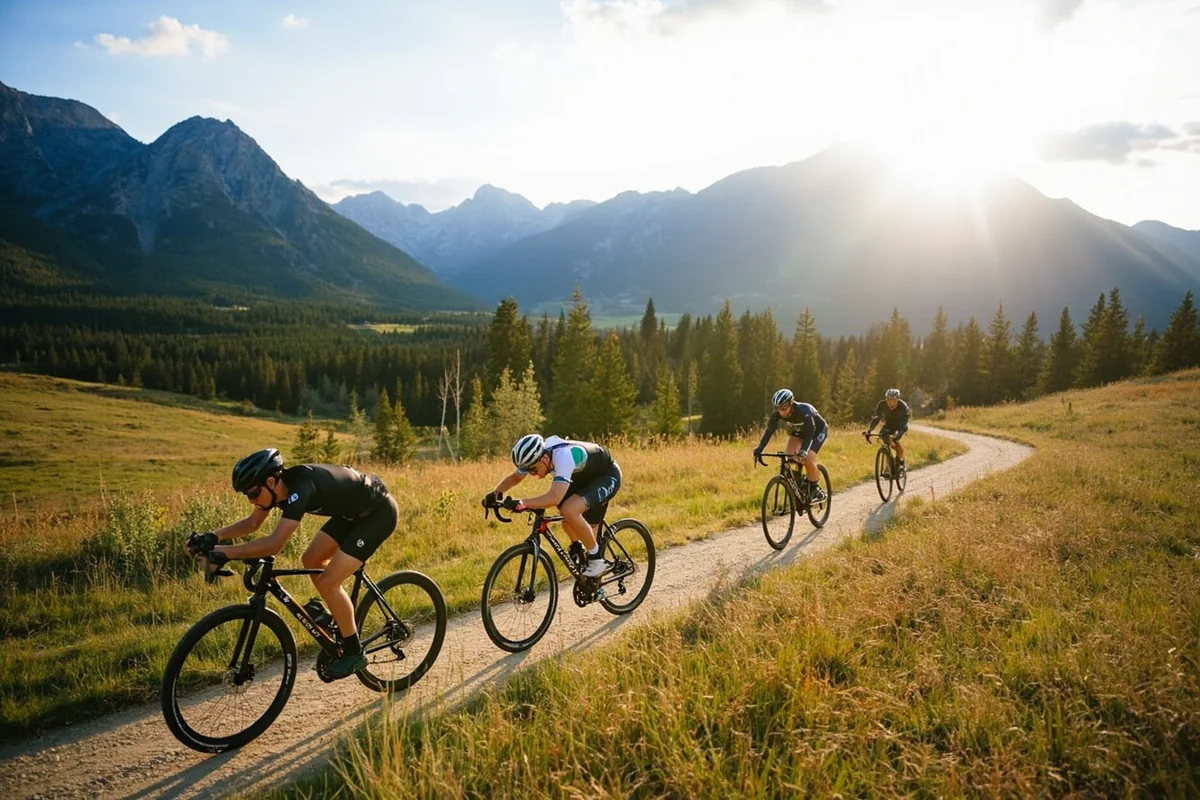 Cyclists riding on trails near Whitefish with mountain views