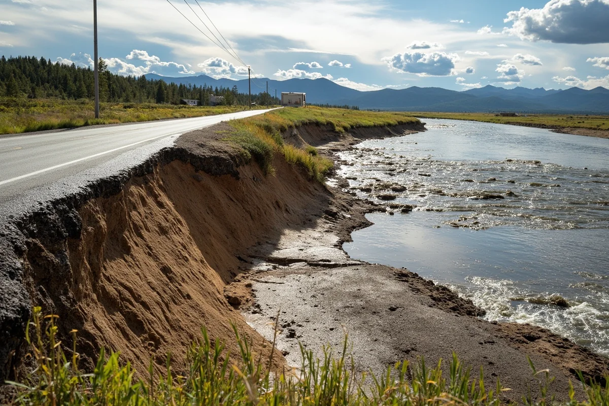 Damaged road and eroded riverbank near Gardiner, Montana after 2022 flooding
