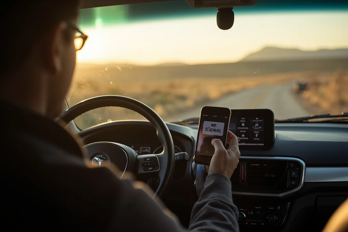 Dashboard view from inside vehicle showing "No Signal" on phone while driving through remote ranch country