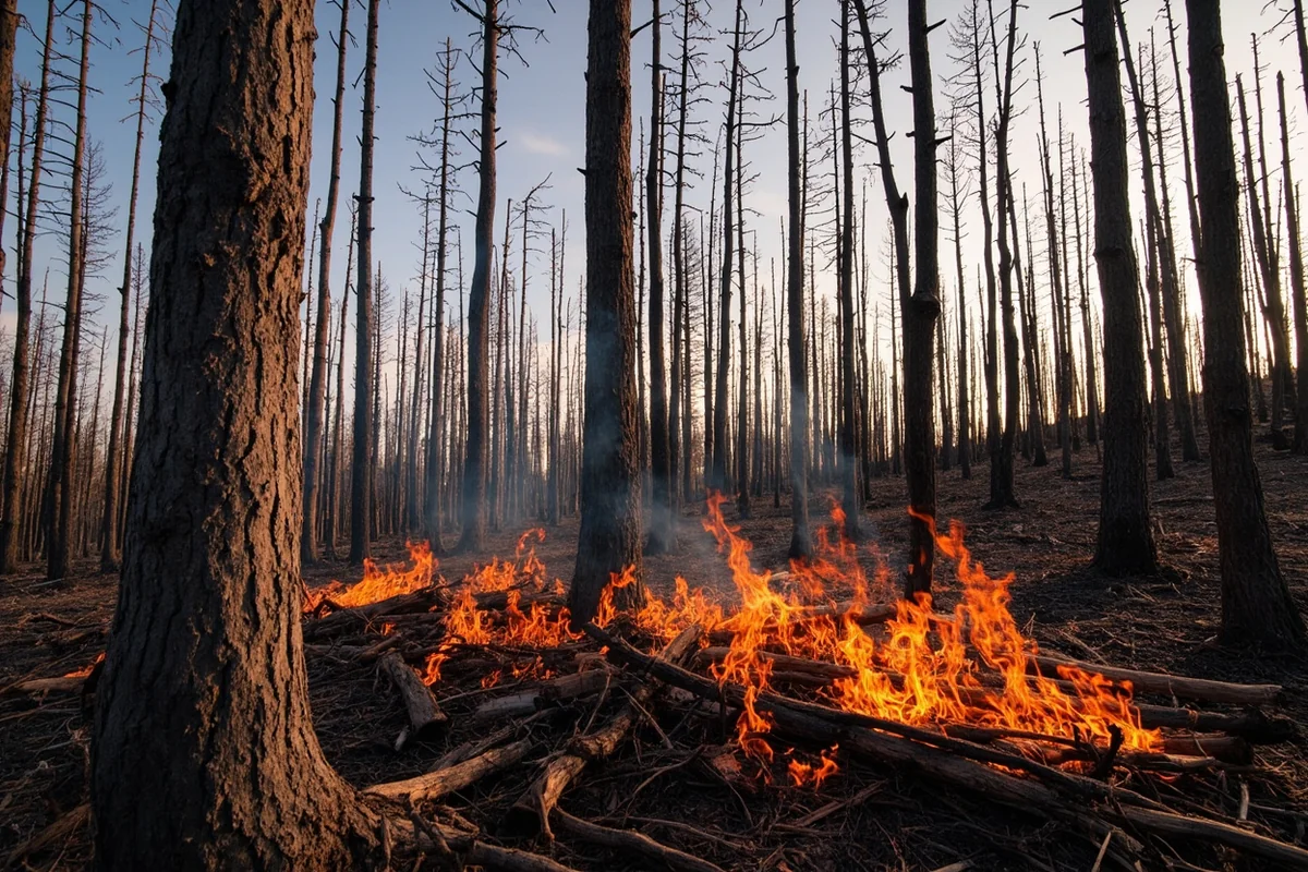 Dead beetle-killed trees in Montana forest creating fire fuel