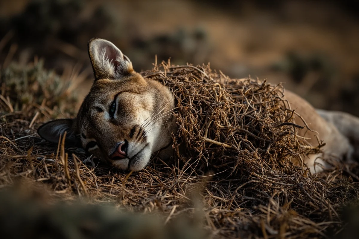 Deer carcass cached by mountain lion showing characteristic debris covering