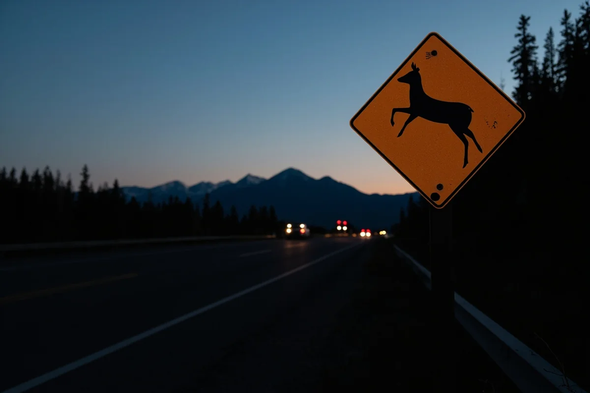 Deer crossing warning sign on Montana mountain highway at dusk