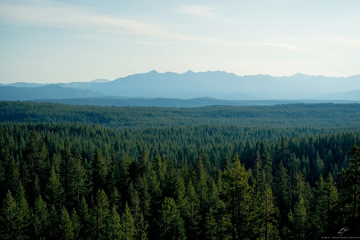 Dense forest landscape typical of northwest Montana public hunting land with mountain peaks in distance