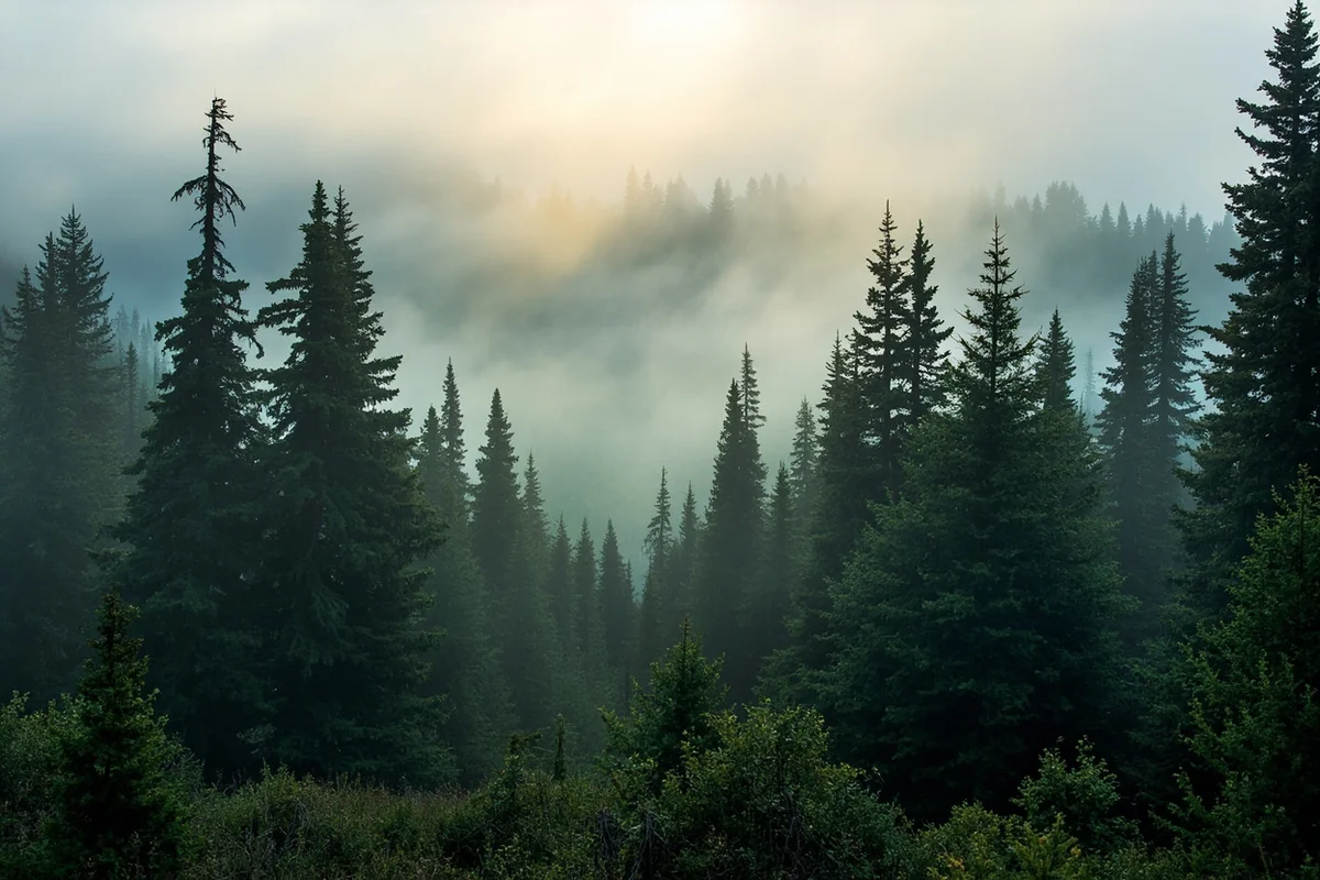 Dense lodgepole pine forest in the Flathead National Forest with morning mist