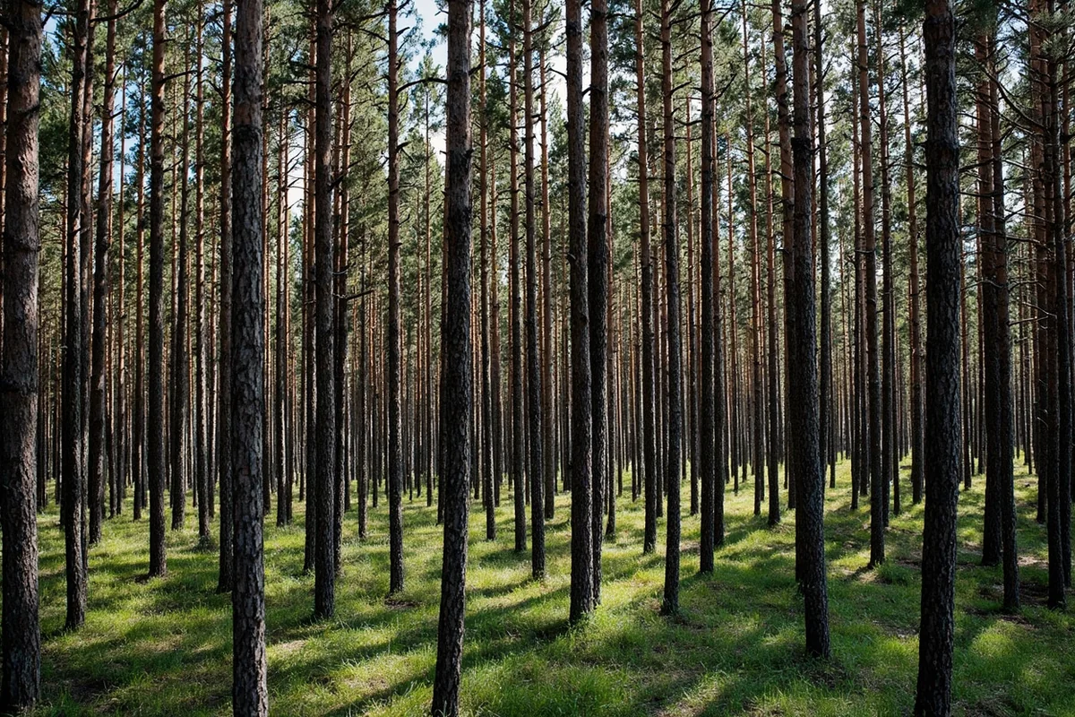 Dense stand of lodgepole pine forest showing characteristic straight, uniform trunks