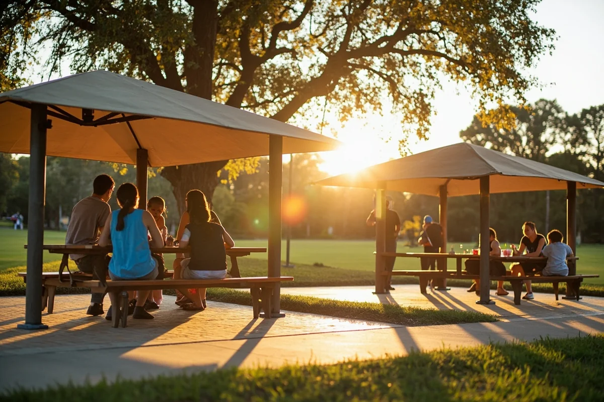 Designated picnic area with families enjoying snacks under shade structures