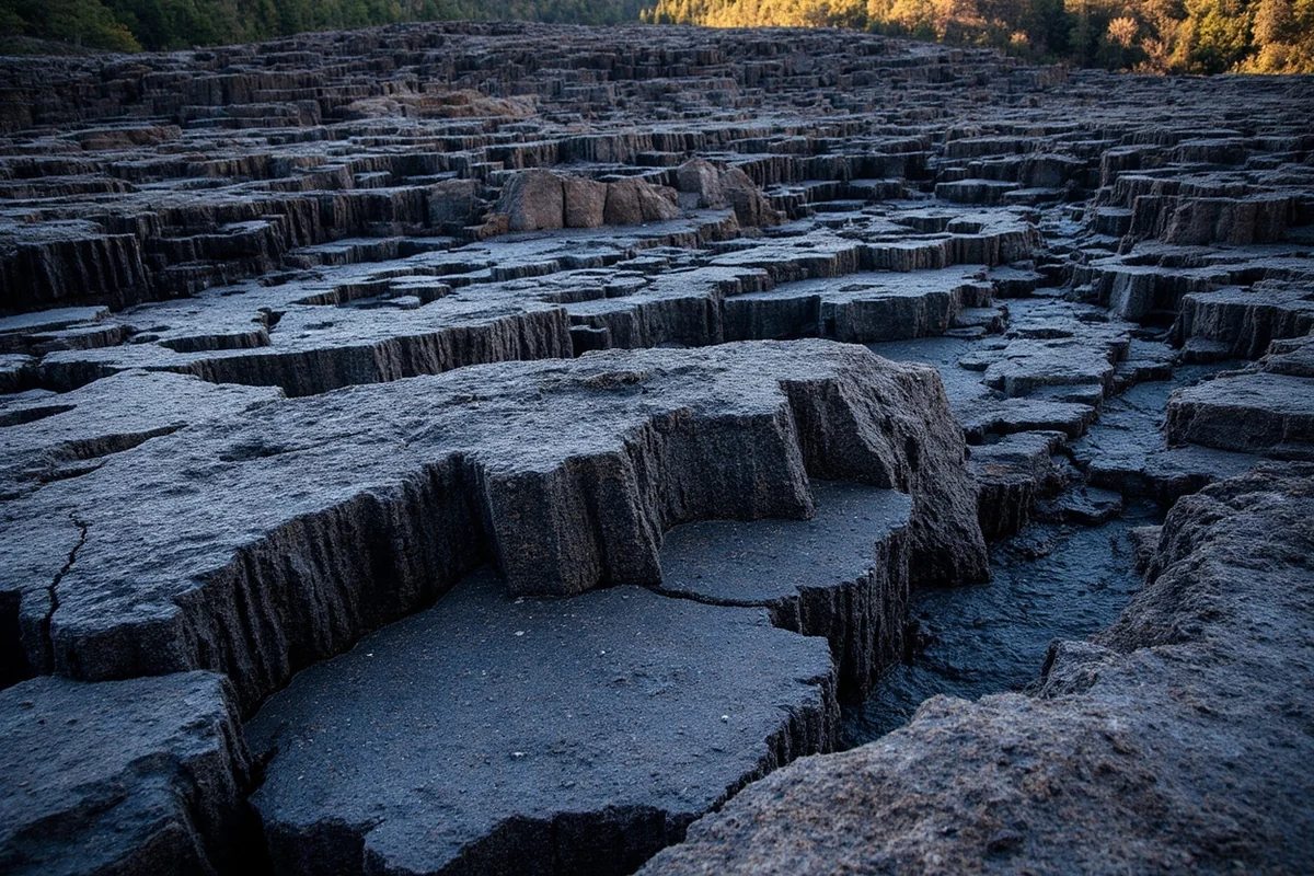 Detailed view of hexagonal columnar basalt formations at Palisade Falls
