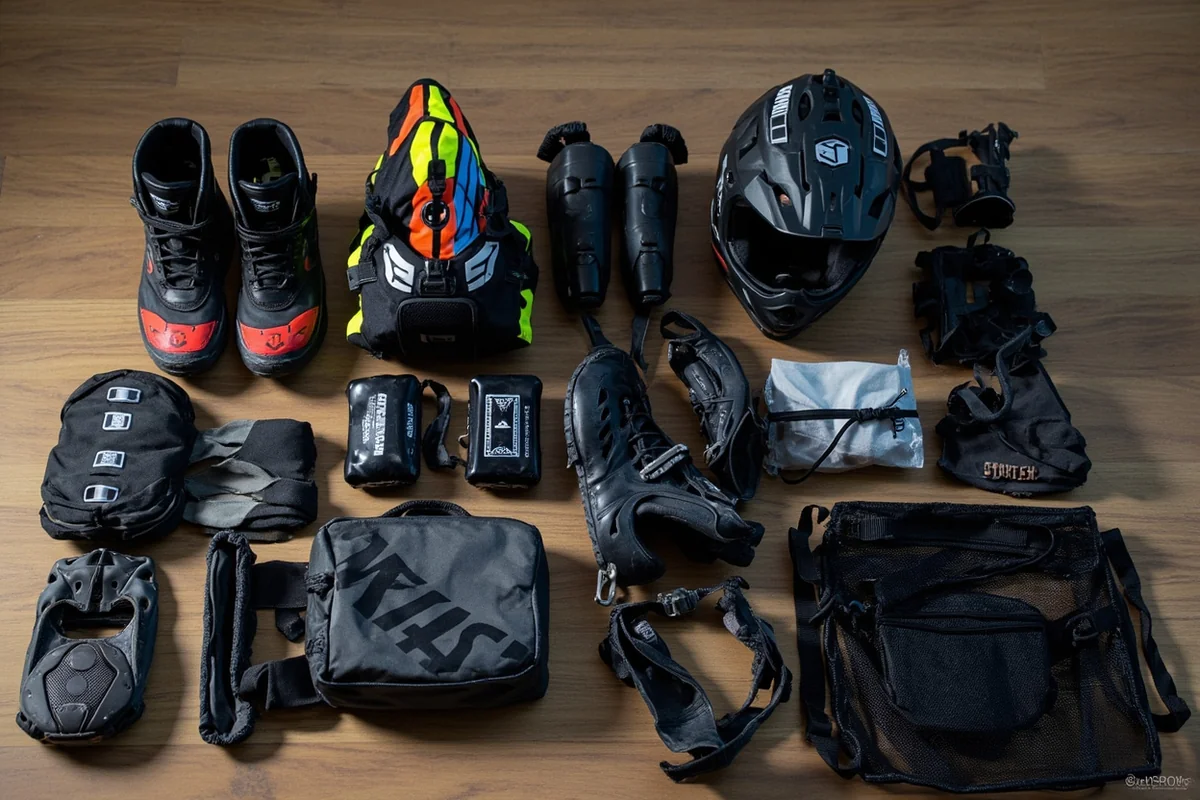 Dirt bike touring gear laid out including helmet, boots, hydration pack, and protection equipment