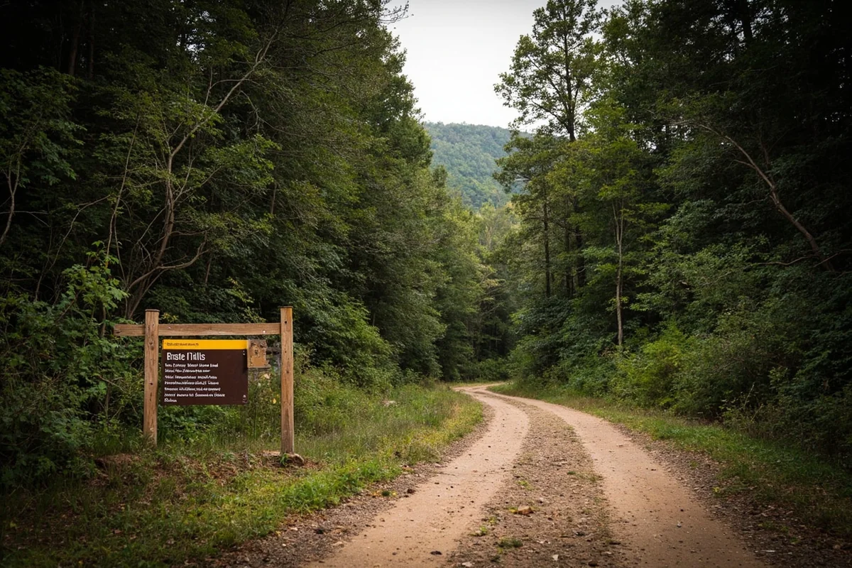 Dirt road leading to Lange Falls trailhead with forest on both sides