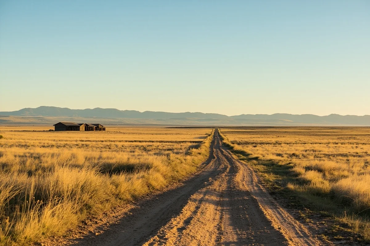 Dirt road leading to remote former military site with Montana prairie stretching to horizon