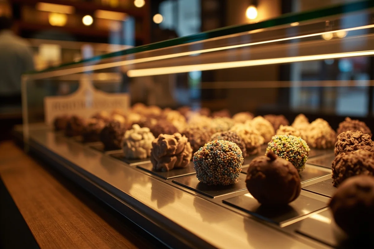 Display case of artisan chocolates at Posh Chocolat with various truffle flavors visible