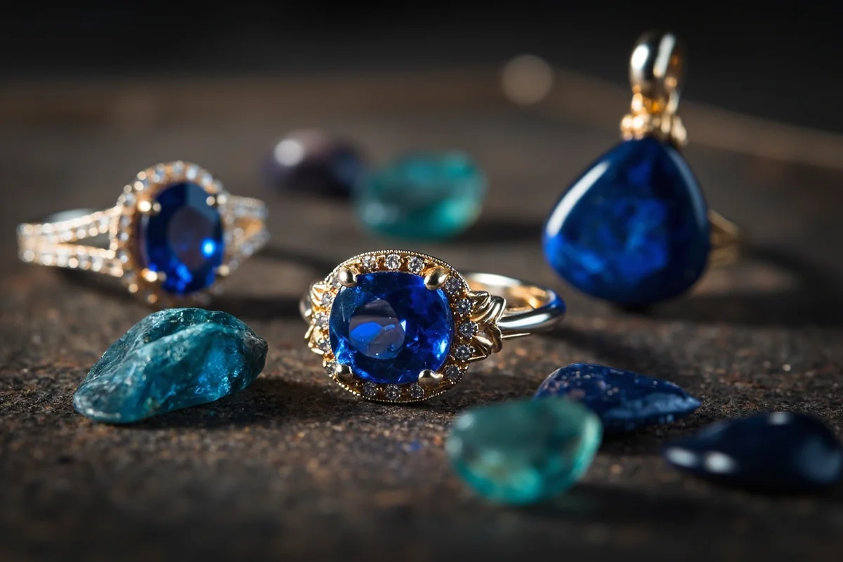 Display of finished Montana sapphire jewelry including a ring, pendant, and loose cut stones