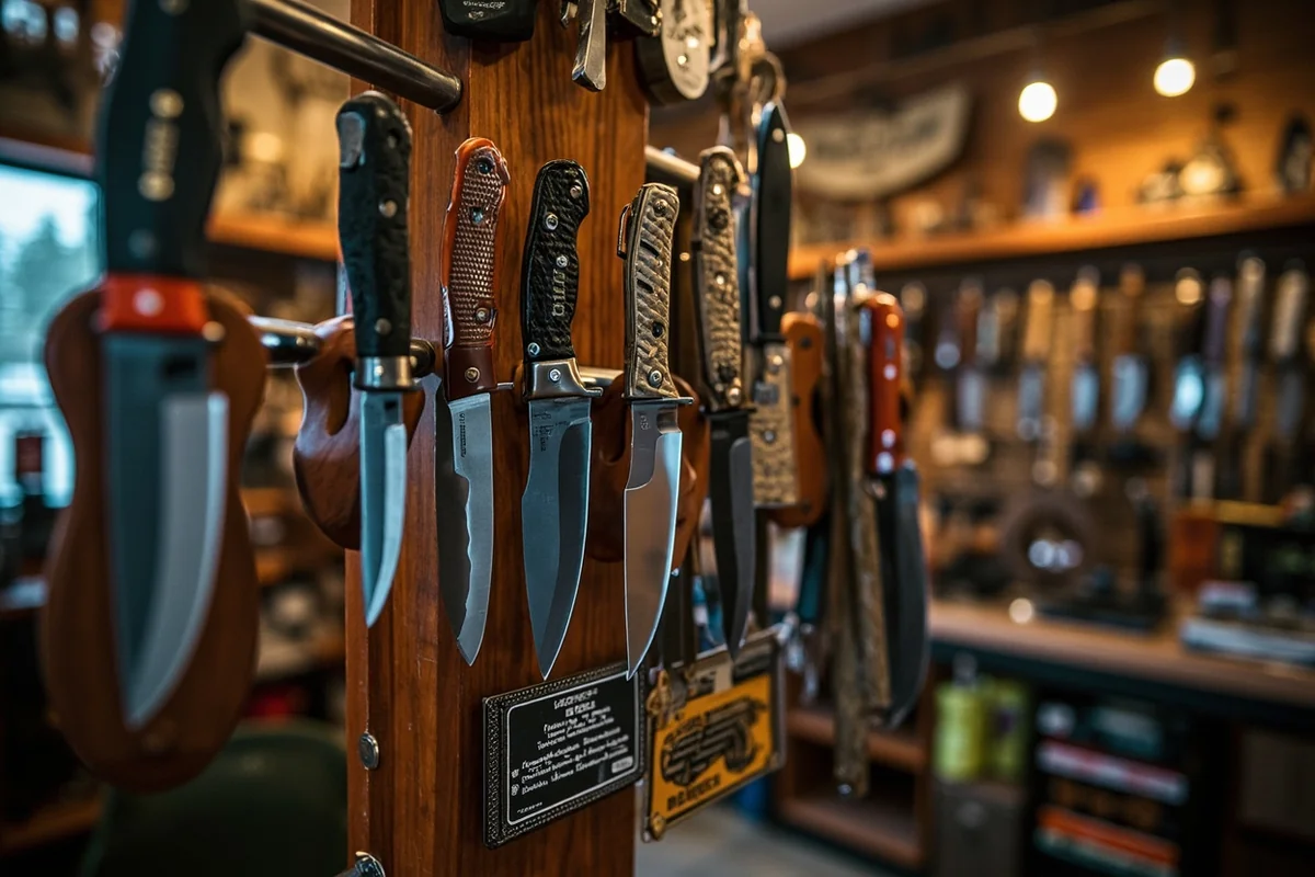 Display of various legal knives in a Montana sporting goods store including switchblades and hunting knives