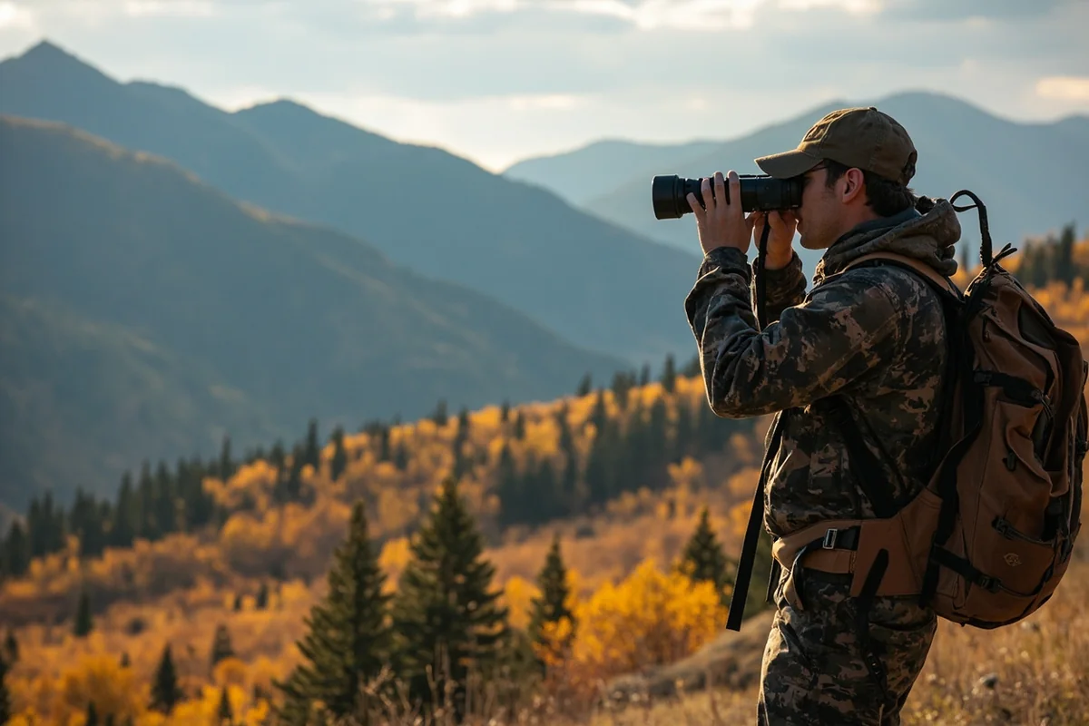 DIY hunter with backpack and binoculars overlooking mule deer habitat in Montana mountains