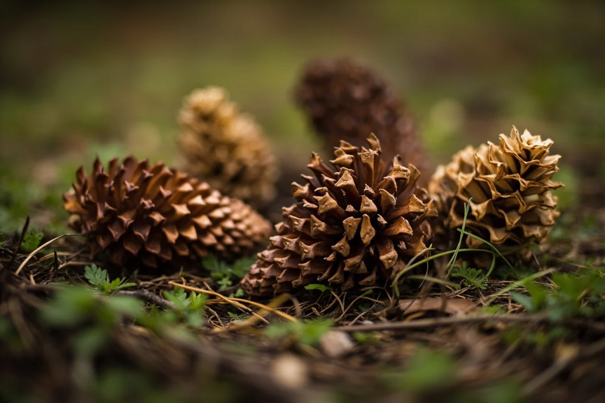 Douglas-fir cones showing distinctive three-pointed bracts on forest floor