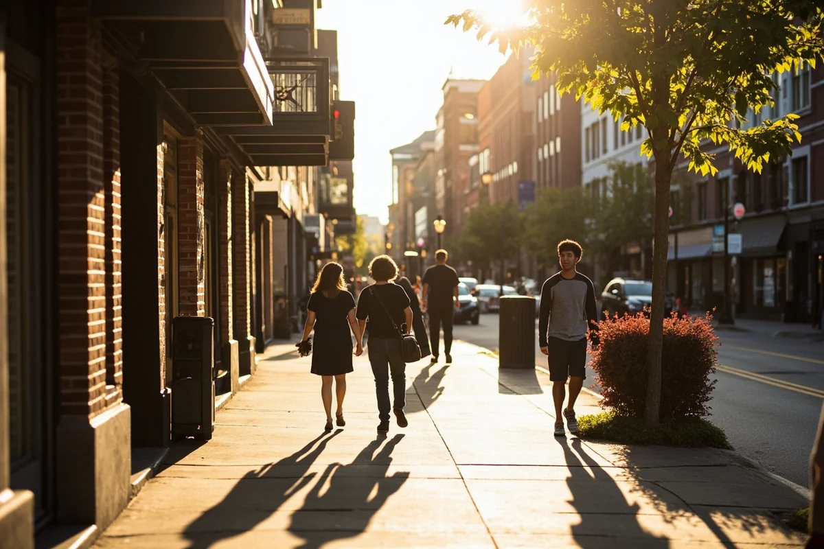 Downtown Billings street scene in summer with people walking in warm weather
