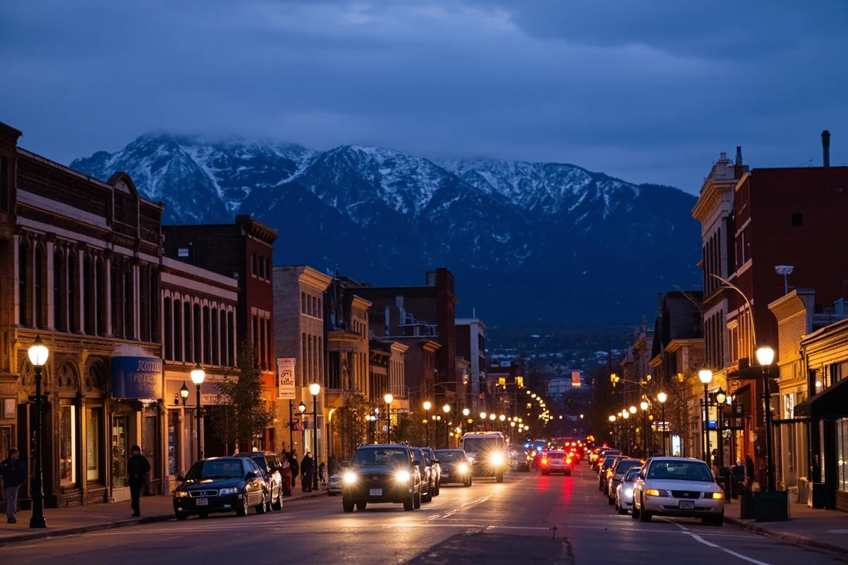 Downtown Bozeman Main Street at dusk with historic buildings and mountain views