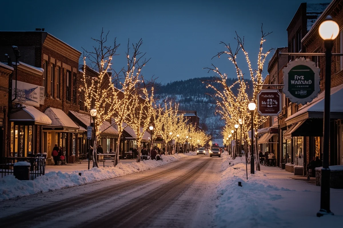 Downtown Bozeman Main Street in winter with snow-dusted buildings and festive lighting