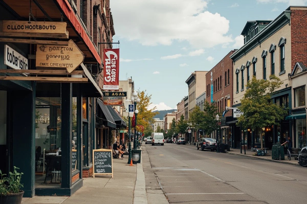 Downtown Bozeman Main Street showing mix of outdoor retailers and tech company offices