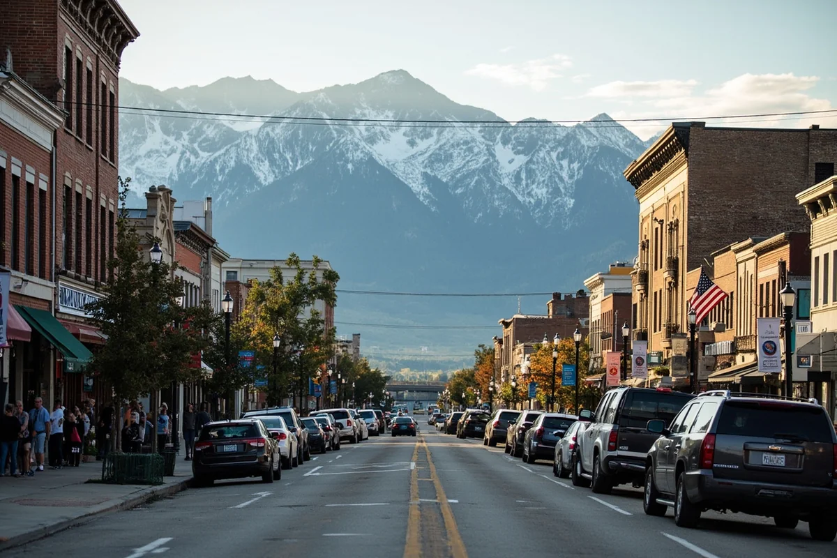 Downtown Bozeman main street with historic buildings, local shops, and mountain backdrop