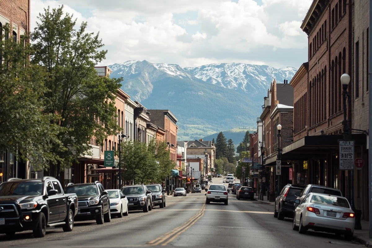 Downtown Bozeman Main Street with historic buildings and mountain backdrop