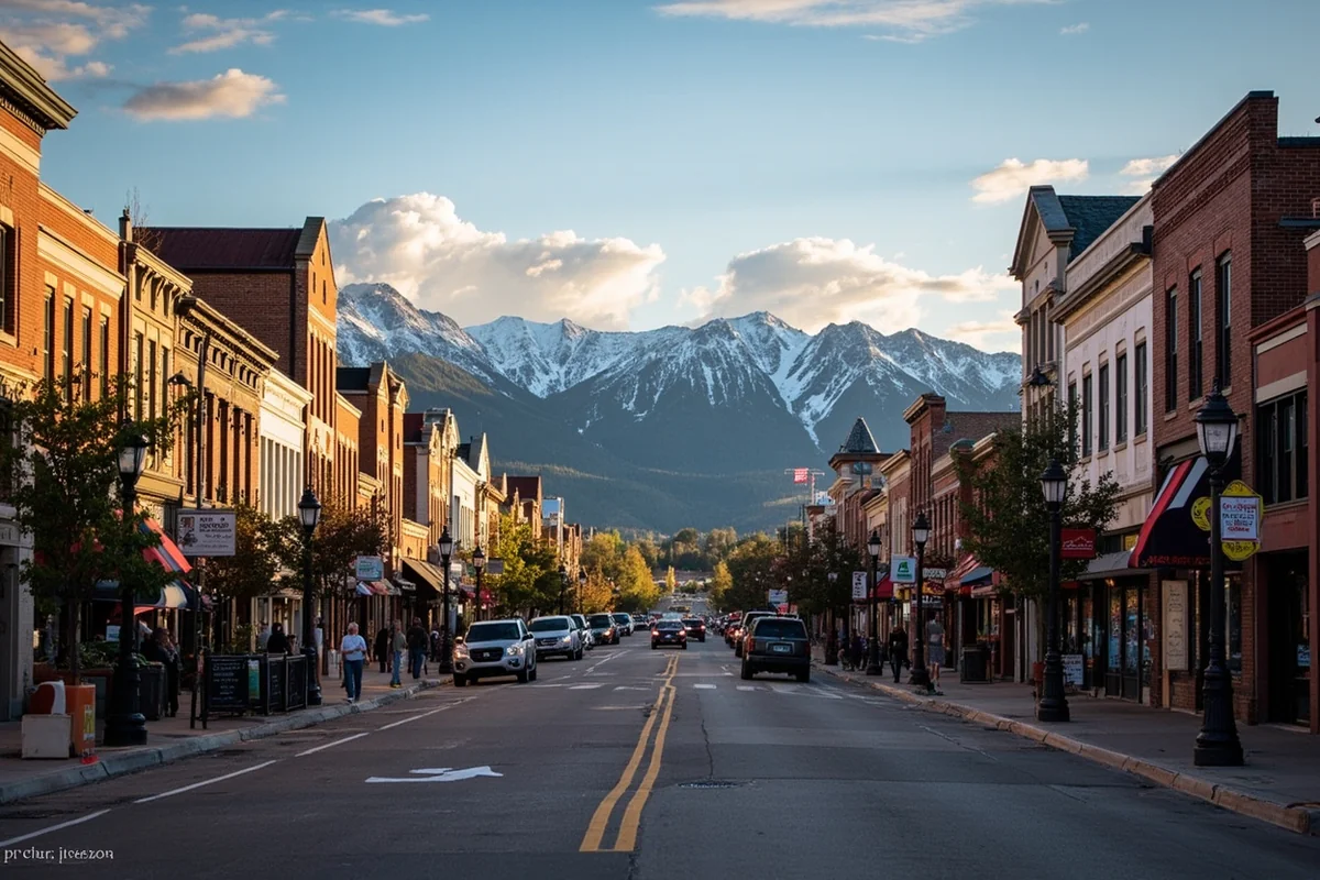 Downtown Bozeman Main Street with mountain views in background, showing the vibrant restaurant scene