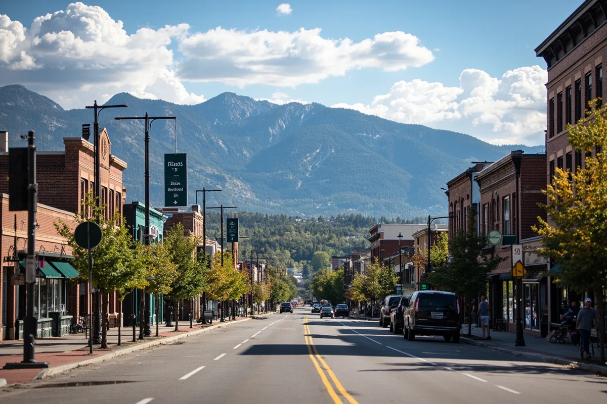 Downtown Bozeman Montana street scene with mountain backdrop