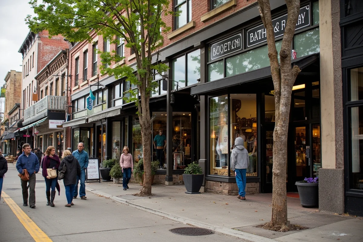 Downtown Bozeman storefront with shoppers walking on Main Street, showcasing local boutiques and outdoor gear shops