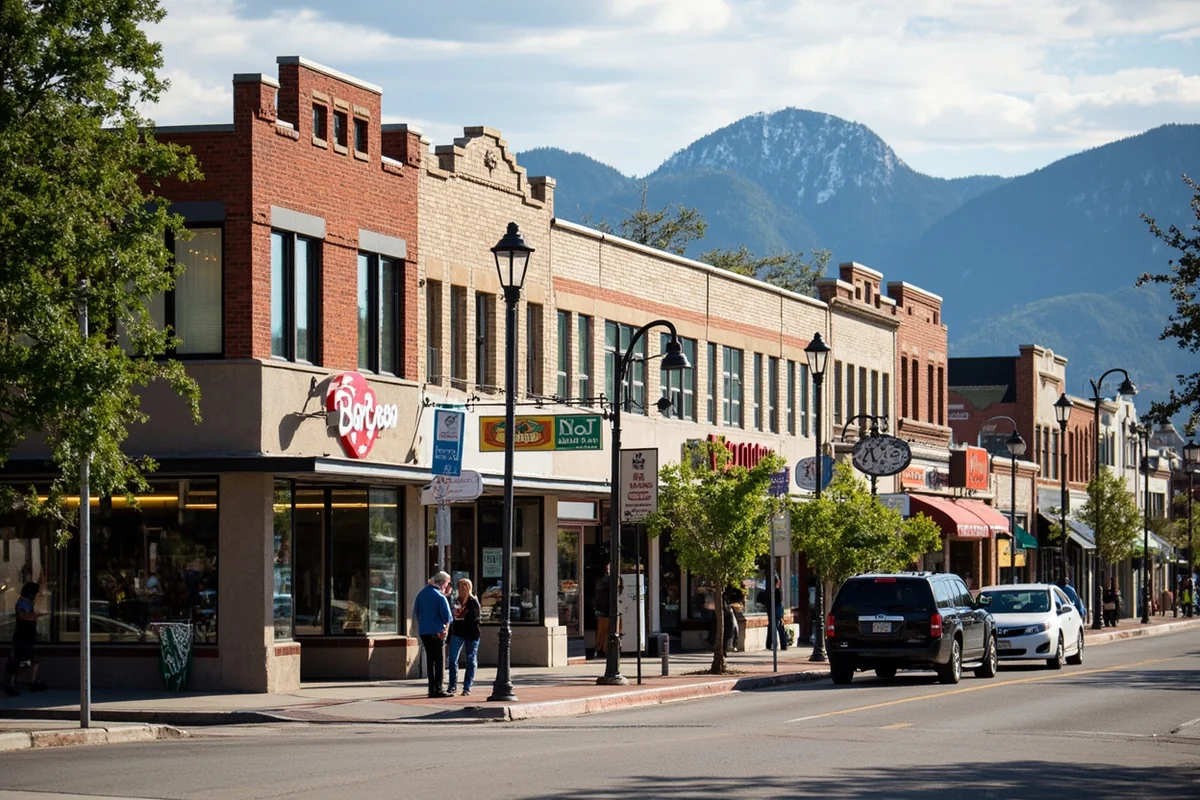 Downtown Bozeman storefronts with local businesses and mountains in background