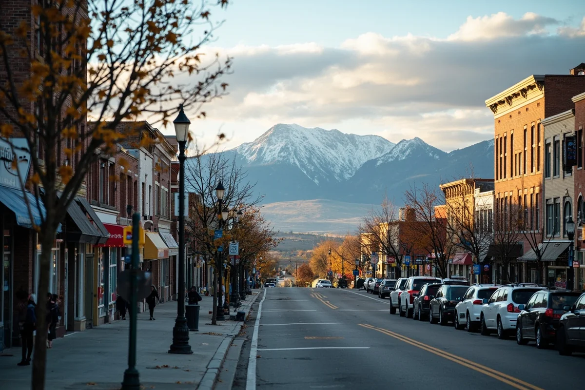 Downtown Bozeman street scene showing local businesses and mountain backdrop